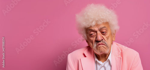 Studio portrait of grumpy elderly man wearing pink suit and frowning, pink background photo