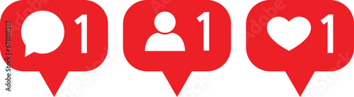 Set of social media notification icon, Comment, user, like. Speech bubble. Vector illustration red color