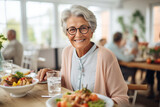 Elderly Woman Enjoying a Meal in a Restaurant