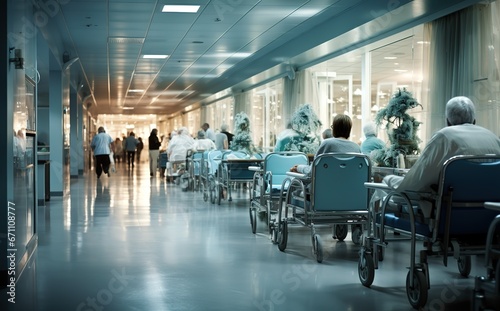 Doctors or nurses walk along the hospital corridor, motion blurred.