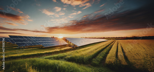 illustrazione di solar farm in una campagna verdeggiante, sole al tramonto photo