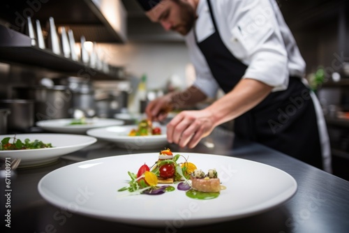 chef garnishing a dish in a commercial kitchen