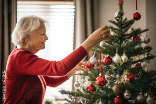 woman placing ornaments on a non-specific holiday tree photo