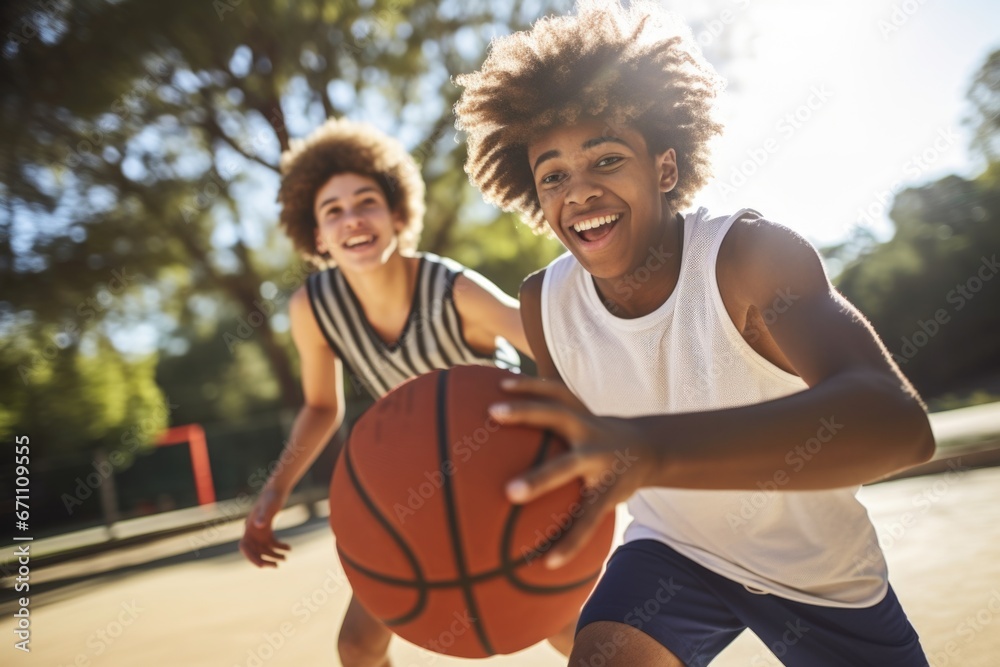 teens playing basketball outdoors