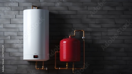 Modern water boiler system with expansion vessel. The system is designed for efficient heating and is installed on brock wall, showcasing its complex network of pipes, valves, and gauges. photo