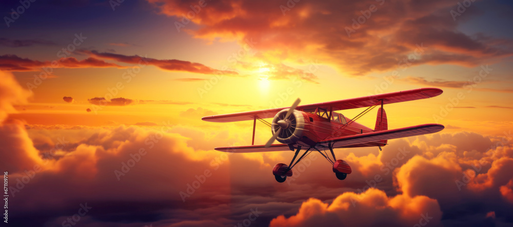 Retro airplane - biplane scenic aerial view at sunset skies - obrazy, fototapety, plakaty 