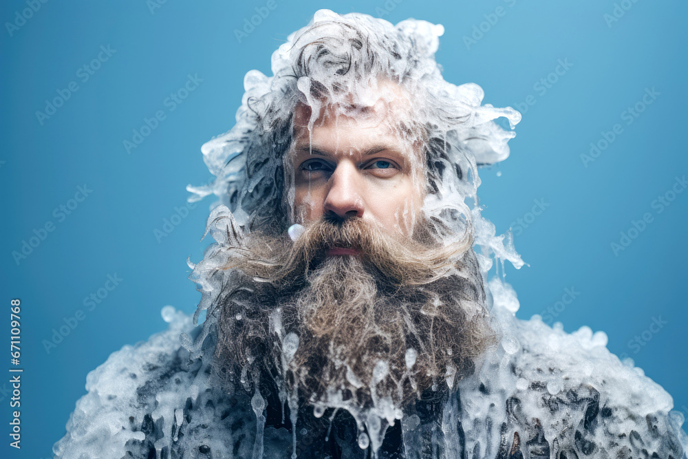 A portrait of a serious individual outdoors in the cold of Siberia, their face and hair exposed to the harsh winter wind, with a background reflecting the frigid season. - obrazy, fototapety, plakaty 