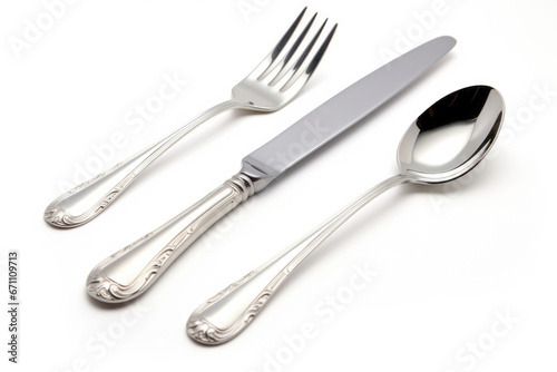 A collection of stainless steel cutlery, including a fork, knife, and spoon, neatly organized and displayed on a white surface, highlighting their simple and functional design.