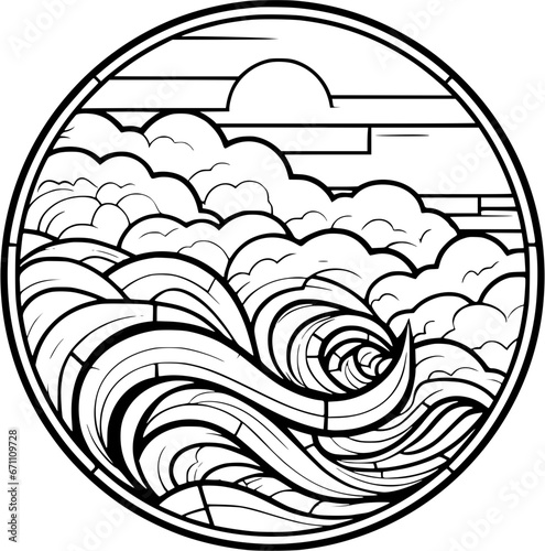 Round Ocean Wave Stained Glass Vintage Outline Icon in Hand-drawn Style