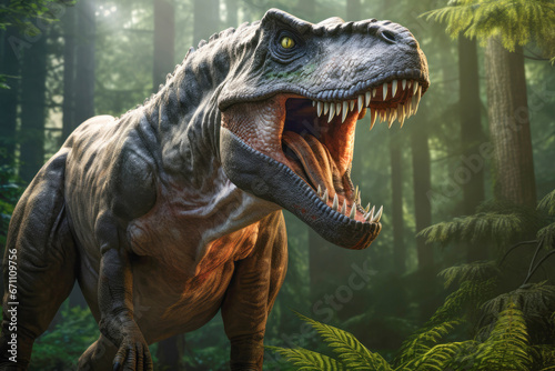 Tyrannosaurus rex, often referred to as T-Rex, was a fearsome and colossal carnivorous dinosaur that roamed the Earth during the prehistoric Cretaceous period. © EdNurg
