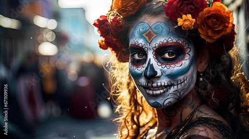 Dia de los muertos. Day of The Dead. Halloween. mexican girl with skull painted on her face on the day of the dead in mexico in the street © aporn