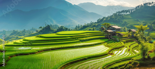 picturesque beauty of rice terraces against the rural mountain landscape, a testament to the region's rich agricultural heritage.