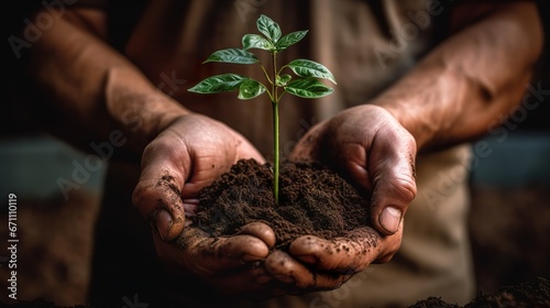 Plant in hands Environment famer hands holding soil outdoor Ecology concept photo