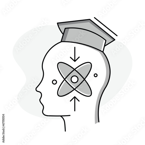 Innovator Icon. A person profile icon with a hat and a molecule sign to represent innovators, inventors, and other people who are passionate about creating new things and solving problems.