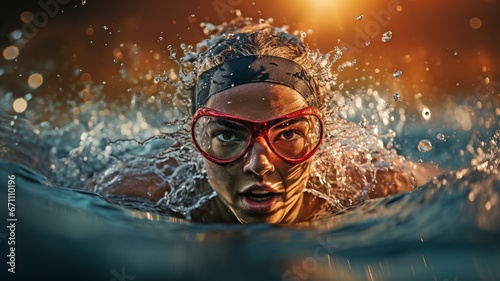 Begin the race concept with a fit swimmer in the water. . © tongpatong