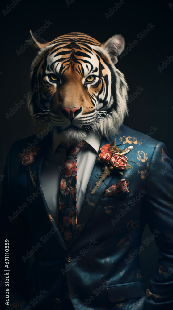 Tiger dressed in an elegant suit with a nice tie. Fashion portrait of an anthropomorphic animal, feline, posing with a charismatic human attitude Tiger dressed in an elegant suit with a nice tie. Fashion portrait of an anthropomorphic animal, feline, posing with a charismatic human attitude