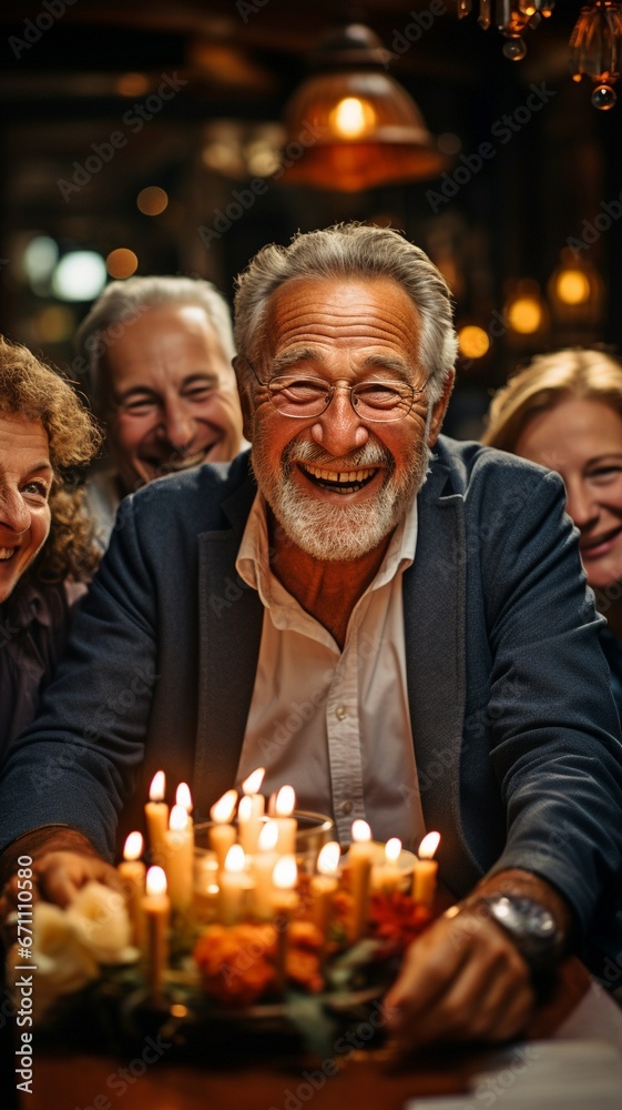 When congratulating one another on their birthdays, older men and women exchange smiles and laughs..