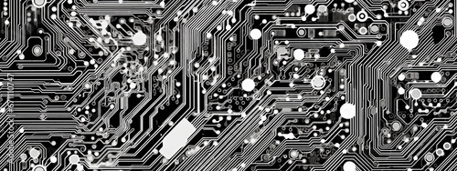 Seamless electronics circuit board background texture. High tech motherboard pattern, monochrome black white grey. A fun geeky engineering, computer science nerd textile swatch, backdrop photo