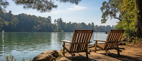 Benches made of wood along a lake. calm environment.