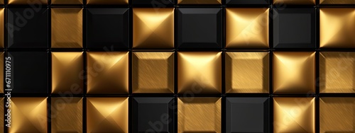 Seamless golden checker or chessboard square pattern. Vintage abstract gold plated relief, black background. Modern elegant metallic luxury backdrop. Maximalist gilded wallpaper