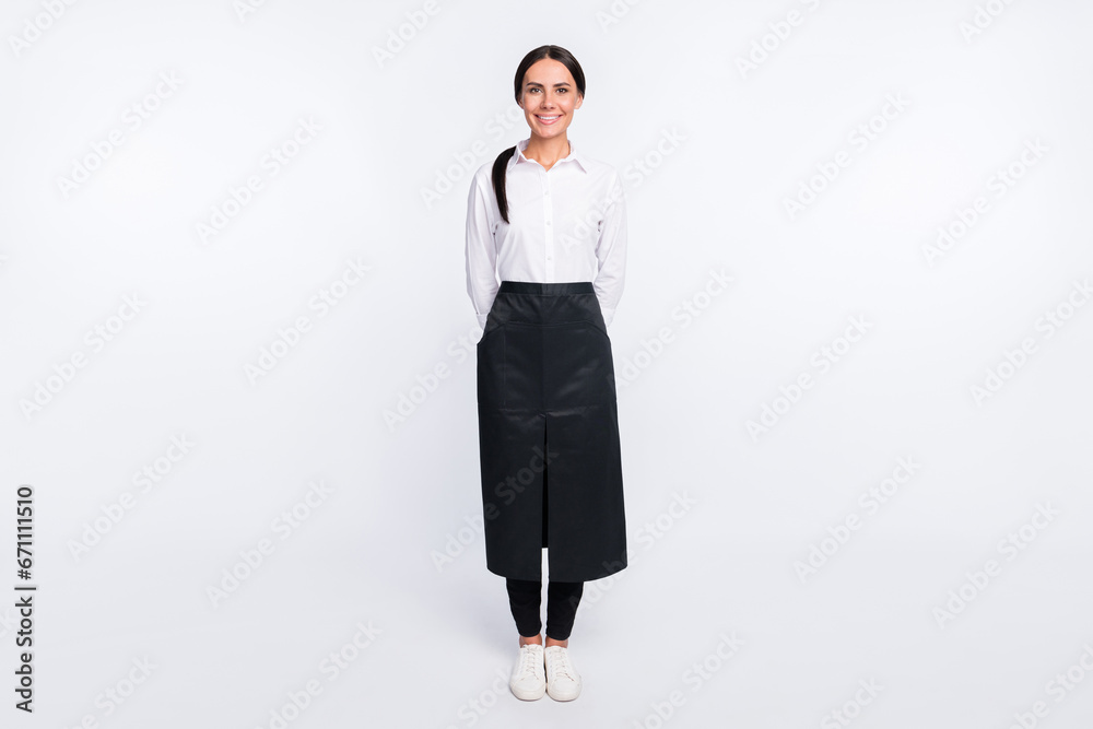 Full length body size photo of smiling waitress wearing uniform isolated on white color background Full length body size photo of smiling waitress wearing uniform isolated on white color background
