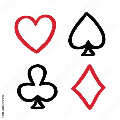 Card suits doodle logo icon sign Set of shape diamonds clovers hearts spade Hand drawn template Drawn game vintage retro design style Fashion print clothes apparel greeting invitation card cover ad