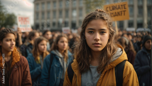 Giovane ragazza durante una manifestazione contro il cambiamento climatico photo
