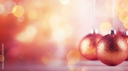 Set Of Baubles On Blurred Background With Lights. Christmas Decorations. photo