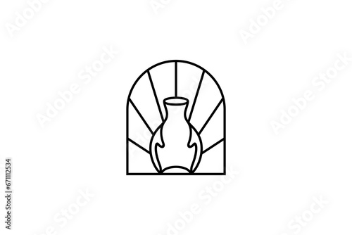 handmade pottery logo with rays in badge emblem concept