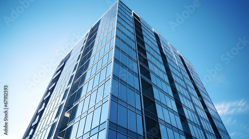 Tall office building against clear blue sky background 