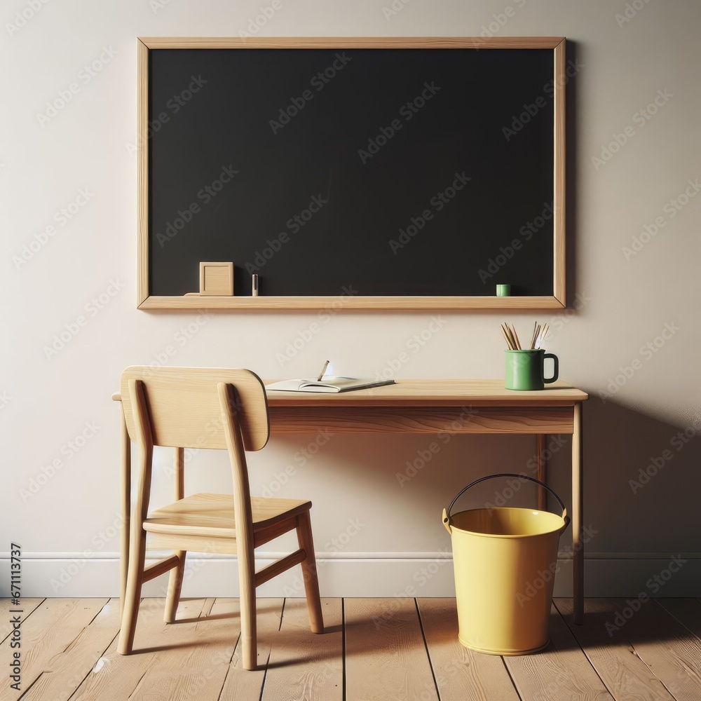Obraz premium A classroom with a blackboard, a wooden desk with a green mug and a yellow bucket on it, and a wooden chair next to the desk