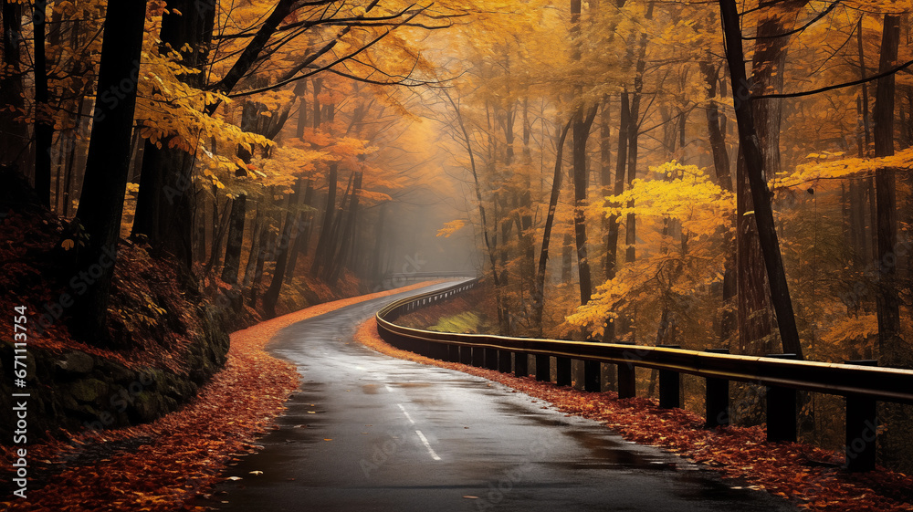 Curvy road, beautiful autumn landscape, empty asphalt road, maple leaves