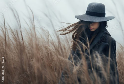 Asian girl with a hat and winter clothes in the fields