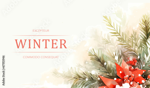 Winter background with snowflakes and fir trees. Watercolor illustration. Created using generative AI tools.