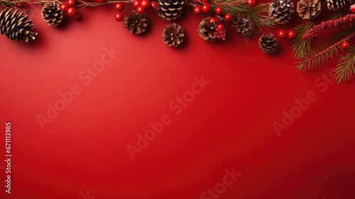 Christmas composition of cones on a red background © MP Studio
