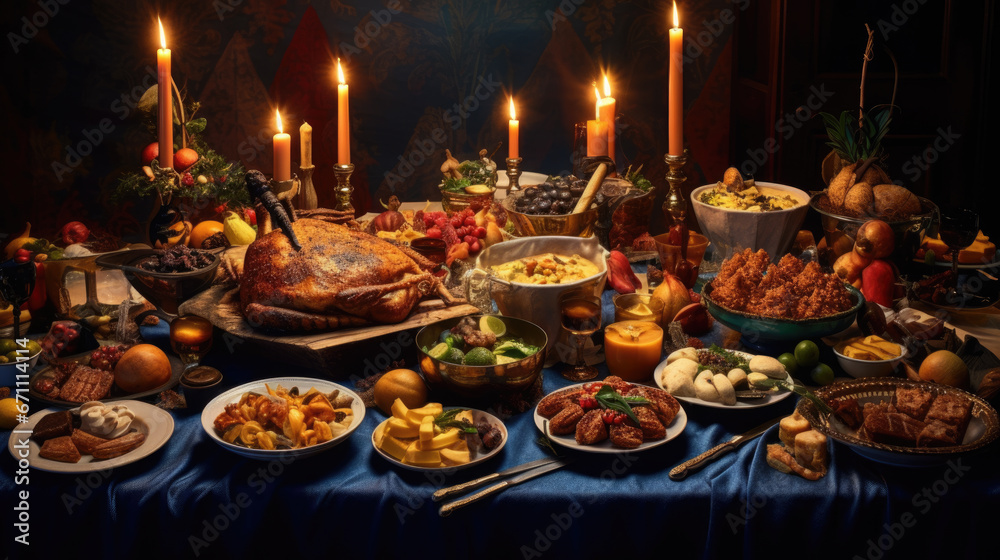 Thanksgiving feast spread out on a table, illuminated by warm candlelight, featuring a turkey centerpiece surrounded by an array of dishes, fruits, and drinks.