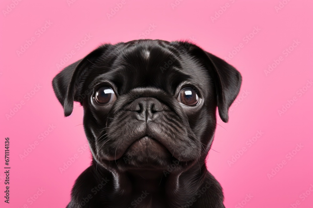 black pug dog or puppy on pink background studio portrait. Pet products store, vet clinic, grooming salon poster banner.