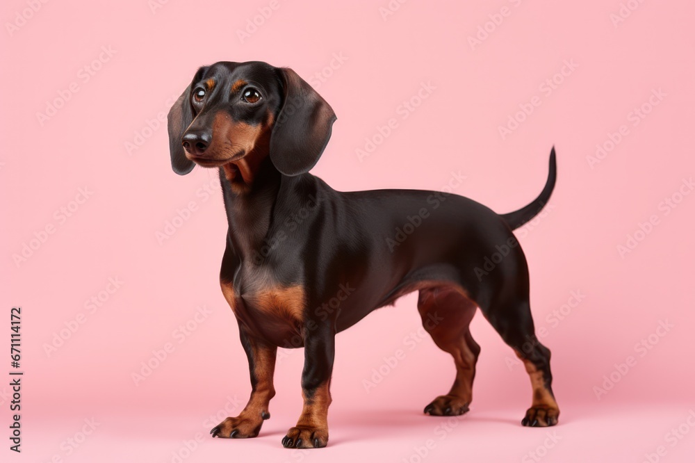 Black dachshund dog or puppy on pink background studio portrait. Pet products store, vet clinic, grooming salon poster banner.