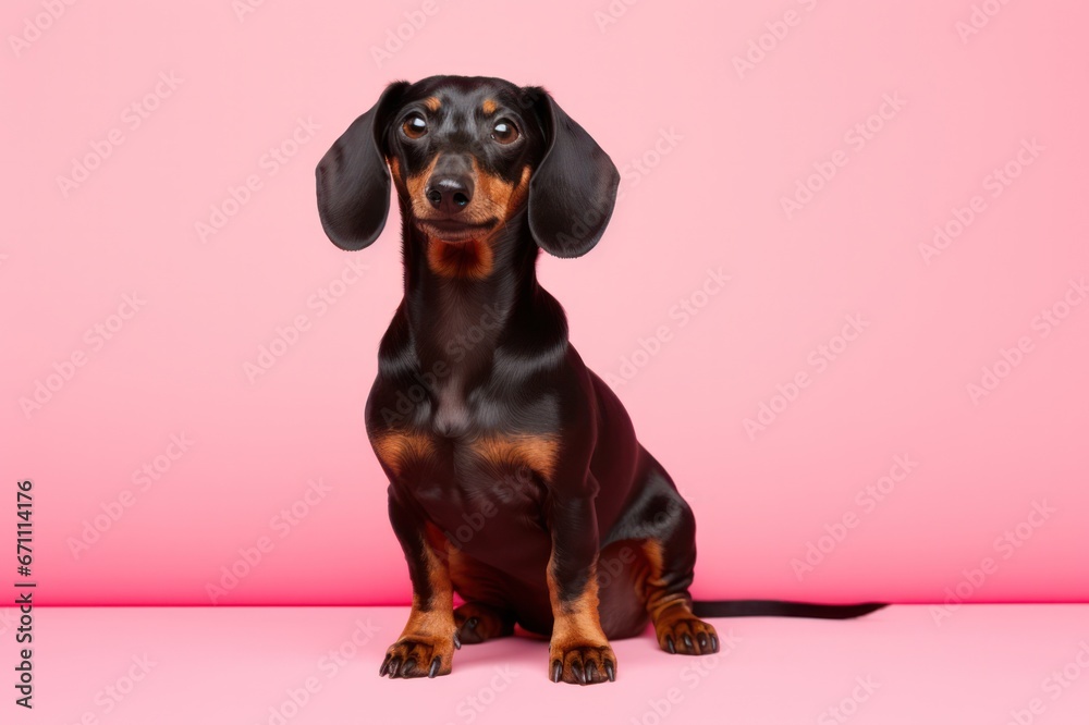 Black dachshund dog or puppy on pink background studio portrait. Pet products store, vet clinic, grooming salon poster banner.