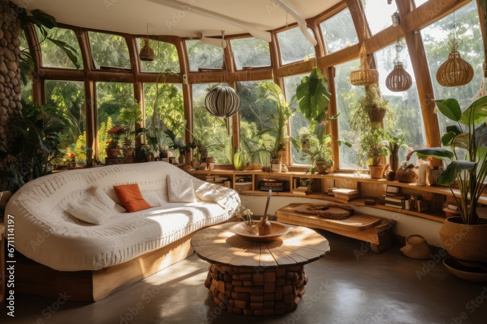 Fototapeta premium eco boho bungalow interior design of luxury hotel in nature. Bamboo wooden details, sofa, panoramic windows, decor, pillows. 