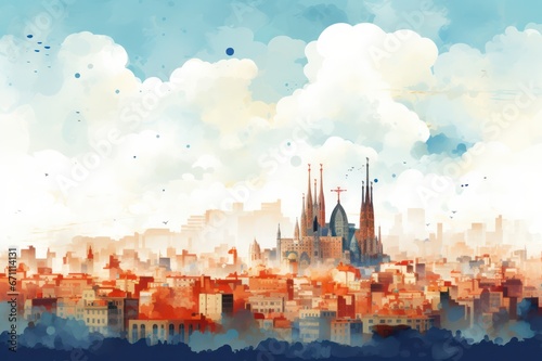 famous Barcelona skyline colorful card watercolor illustration