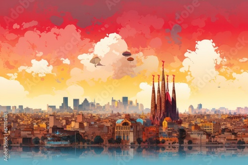 Barcelona skyline at sunset colorful card watercolor illustration