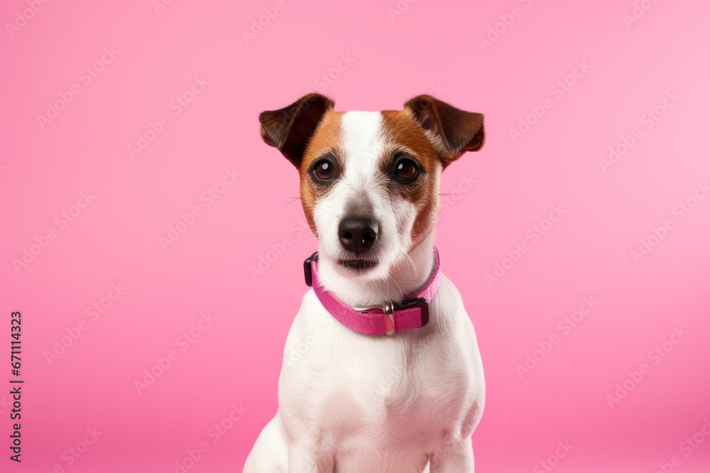 jack russel dog or puppy on pink background studio portrait. Pet products store, vet clinic, grooming salon poster banner.