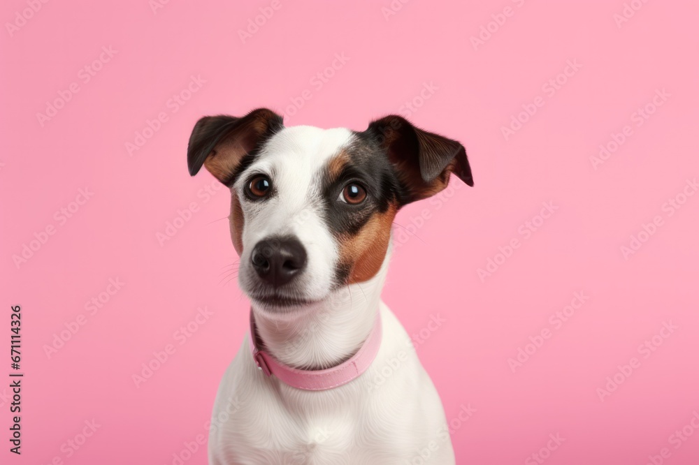 jack russel dog or puppy on pink background studio portrait. Pet products store, vet clinic, grooming salon poster banner.
