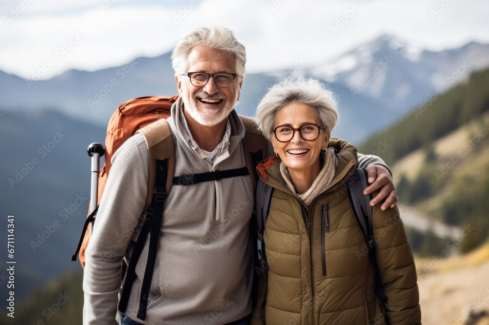 senior couple traveling together portrait. Retired people hiking tour in the mountains. Elegant aging. senior couple traveling together portrait. Retired people hiking tour in the mountains. Elegant aging.