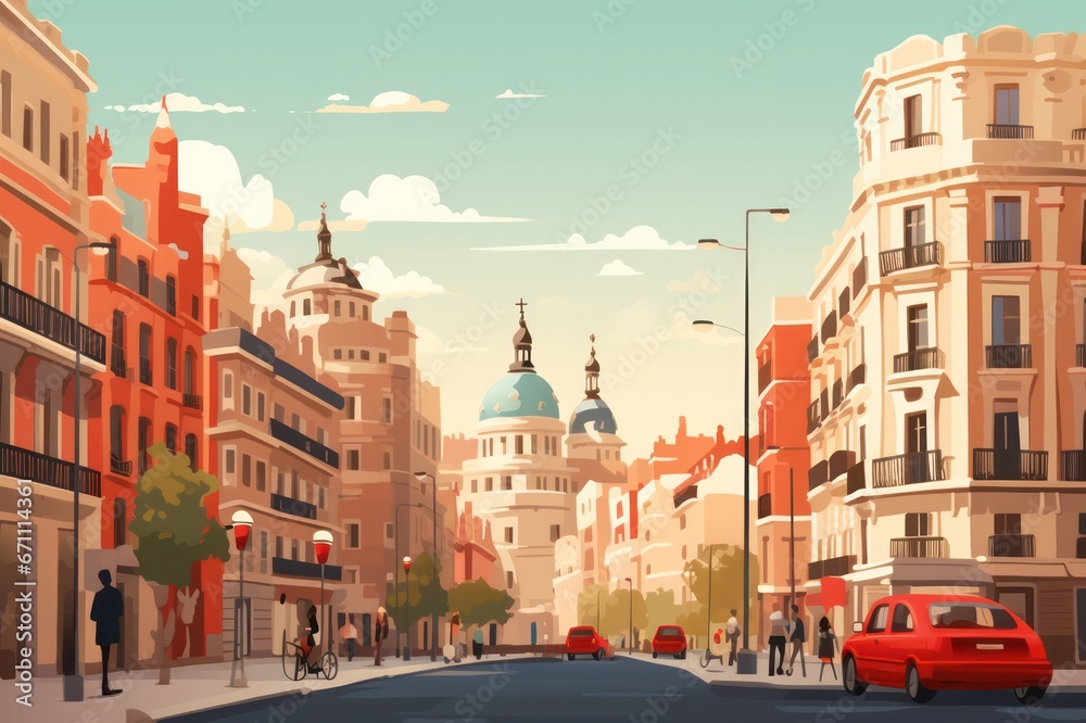 Madrid architecture colorful card illustration - obrazy, fototapety, plakaty 