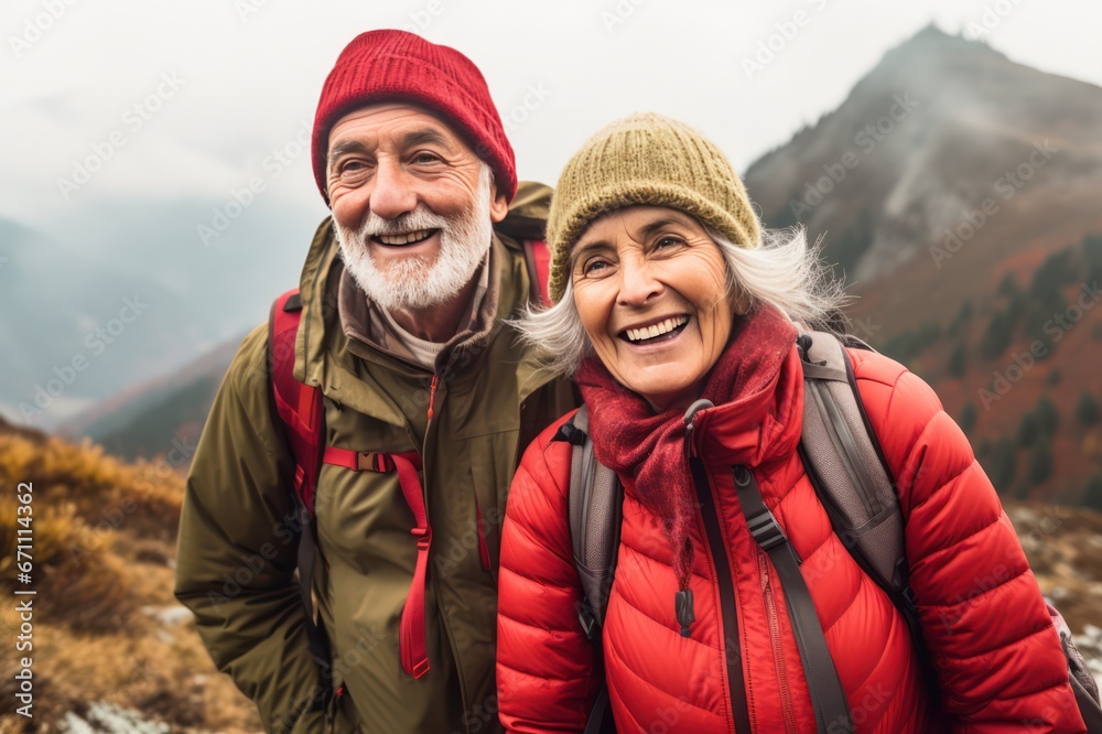senior couple traveling together portrait. Retired people hiking tour in the mountains. Elegant aging.