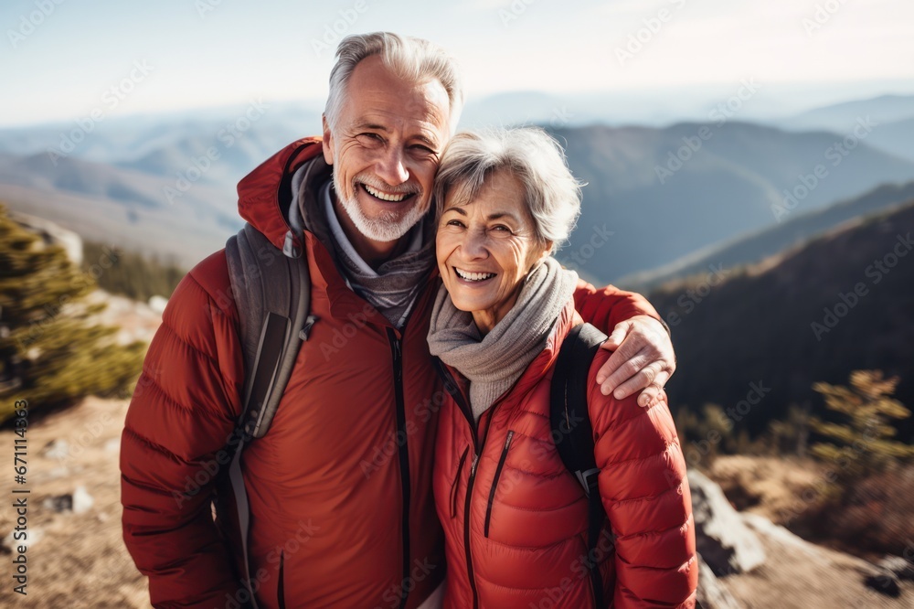 senior couple traveling together portrait. Retired people hiking tour in the mountains. Elegant aging.