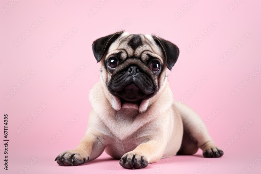 cute pug dog or puppy on pink background studio portrait. Pet products store, vet clinic, grooming salon poster banner.