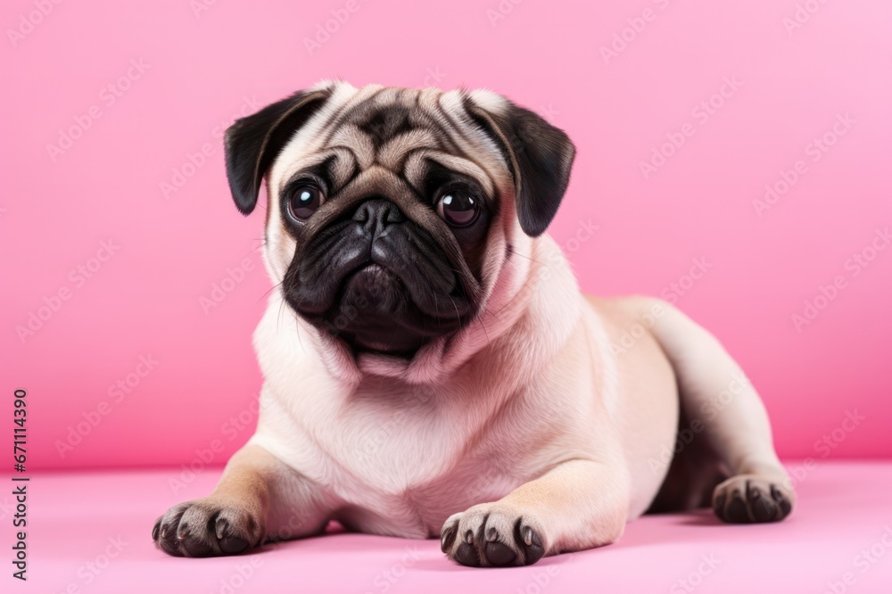cute pug dog or puppy on pink background studio portrait. Pet products store, vet clinic, grooming salon poster banner.